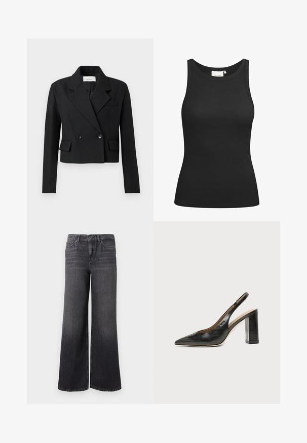Blazer negro ajustado con solapa de muesca, cierre de botones de dos filas, dos bolsillos frontales y tejido texturizado.; Top negro sin mangas hecho de tela acanalada, con un escote en forma de bote y un ajuste ceñido. Costuras planas y sin adornos. Diseño simple y elegante.; Jeans de mezclilla oscuros de pierna ancha con un ligero desgaste, presentan un cierre de botón, cinco bolsillos y un dobladillo recto en el tobillo.; Zapato slingback de piel negra con puntera puntiaguda, tacón alto y ancho, y forro interior beige sobre un fondo claro y liso.