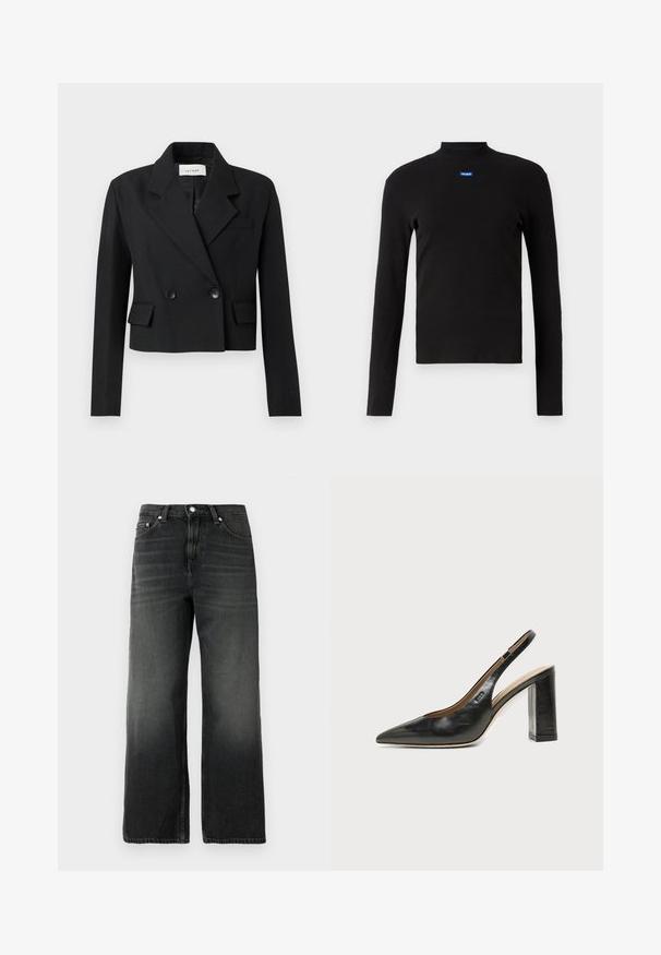 Beskarvet sort blazer med slagkrave, dobbeltradet knaplukning, to frontlommer og struktureret stof.; HUGO EASY - Langærmet T-shirt - schwarz; Sorte denim jeans med en afslappet pasform, lige ben design, falmet tekstur, fem-lomme stil og sølvknaplukning i taljen.; Sort læder peep-toe slingback sko med høj blokhæl og beige indvendig foring mod en ensfarvet lys baggrund.