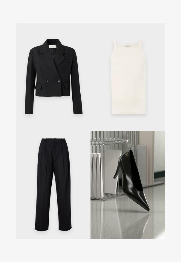 Blazer noir cropped avec revers en dents de scie, fermeture à double boutonnage, deux poches frontales et tissu texturé.; Débardeur crème à côtes, avec des bretelles fines, une coupe ajustée et un ourlet droit. L'étiquette indique "IVY OAK". Le tissu semble doux et extensible.; Pantalons noirs au design ajusté, avec une taille haute, des plis et une coupe droite. Fabriqués en tissu lisse de couleur unie.; Chaussure noire à talon haut avec bout pointu et logo doré, posée sur une surface réfléchissante près d'un organiseur de dossiers en fil chromé contenant des documents.