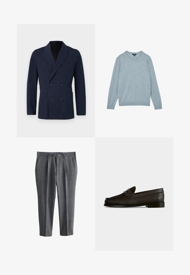 Dobbeltbrystet navy blazer i tekstureret stof, med to forlommer, klapkrave og dekorative knapper på forsiden.; Lyseblå sweater lavet af blødt stof, med en rund halsudskæring og lange ærmer. Minimalt design med ribbede manchetter og kant.; Grå skræddersyede herrebukser med frontknap og lynlås, sidelommer og lige ben pasform.; Sort læder penny loafer med lav hæl, rundet tå og stropdetalje over fronten, set fra siden på ensfarvet baggrund.