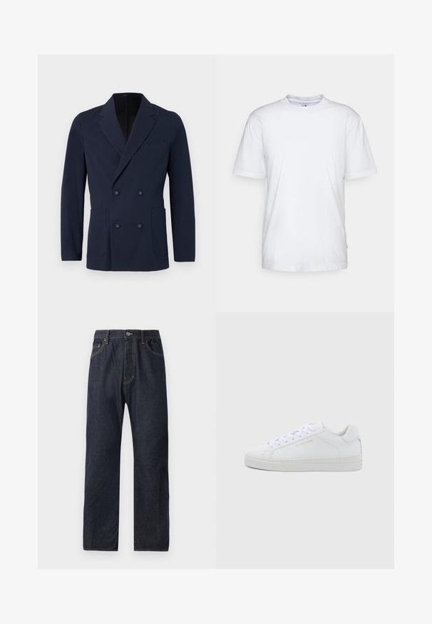 Dobbeltbrystet navy blazer i tekstureret stof, med to forlommer, klapkrave og dekorative knapper på forsiden.; Hvid bomulds t-shirt med rund hals, korte ærmer og lige kant. Har et lille mærke på den venstre sidesøm.; Mørkeblå denim jeans med lige ben, der har fem lommer, diskret syning og en knaplukning i taljen.; Hvide sneakers i lav model og læder med rund snude, flade snørebånd, tekstureret sål og diskret guldfarvet logo på siden. Glat overflade og minimalistisk design.