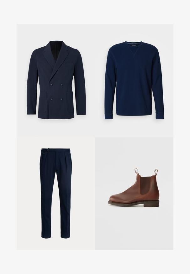Dubbelbreasted marineblauwe blazer van textuurstof, met twee voorkruiden, gekleurde revers en decoratieve knopen aan de voorkant.; Navyblauw sweatshirt met lange mouwen en een ronde hals, voorzien van geribbelde manchetten, een zachte textuur en een kruissteekdetail bij de halslijn.; Donker marineblauwe op maat gemaakte broek met plooien, detail met zijknopen en rechte pijpen.; Bruine leren Chelsea-boot met elastische zijpanelen, een treklabel en een lage gestapelde hak. Gladde textuur met ronde neus en minimale details.