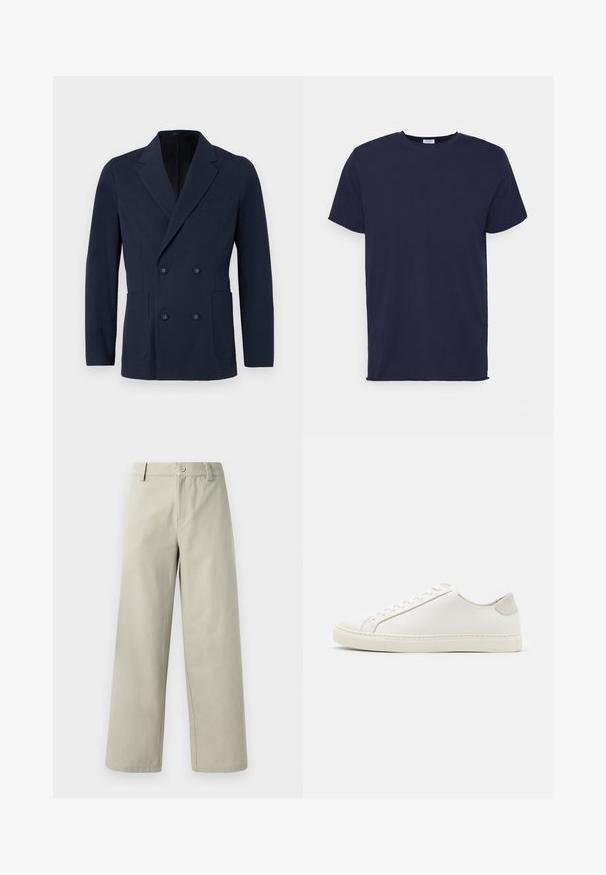 Dobbeltbrystet navy blazer i tekstureret stof, med to forlommer, klapkrave og dekorative knapper på forsiden.; Marineblå kortærmet t-shirt lavet af blødt stof. Har rund halsudskæring og en lige pasform uden mønstre eller accenter.; Han Kjøbenhavn WIDE LEG - Bukser - light grey; Hvide lædersneakers med en glat overflade, rund tå og minimalistisk design. Funktioner i beige nuancer på hælen og en gummisål.