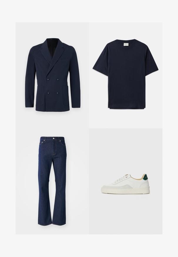 Dobbeltbrystet navy blazer i tekstureret stof, med to forlommer, klapkrave og dekorative knapper på forsiden.; Mørkeblå bomulds T-shirt med korte ærmer, rund halsudskæring og en afslappet pasform. Etiketten siger "CLOSED" ved halsudskæringen. Glat tekstur.; Flarvede mørkeblå jeans lavet af denim. Har fem lommer, en front lynlås og en metalknaplukning. Klassiske syninger som detaljer.; Hvide sneakers med ruskindsdetaljer, rund tå, flade snørebånd og en cremet gummisål. Har grøn branding på hælen.