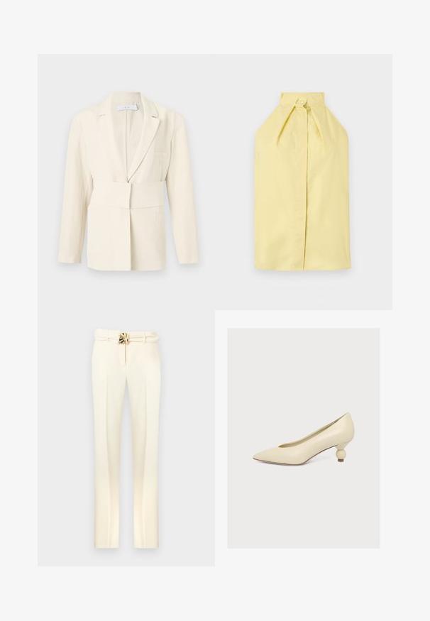 Veste tailleur couleur crème avec une large ceinture en tissu, un col à revers crantés et des manches longues, présentée sur un fond uni.; Haut sans manches jaune pâle à col licou avec une fermeture par bouton au niveau du col et un devant épuré et lisse.; Pantalon sur mesure de couleur crème avec une taille ceinturée ornée de détails en métal doré, jambes droites, et une texture lisse et douce.; Escarpin couleur crème à bout pointu avec un talon bas unique en forme de bulbe sur fond blanc uni.