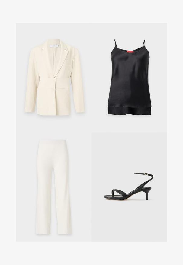 Veste tailleur couleur crème avec une large ceinture en tissu, un col à revers crantés et des manches longues, présentée sur un fond uni.; Top camisole sans manches en satin noir avec fines bretelles et ourlet superposé sur fond blanc.; Pantalon blanc droit avec une taille haute et un tissu lisse, présenté sur un fond uni clair.; Sandale pour femme en cuir noir avec fines lanières, une boucle d'orteil, une boucle à la cheville et un talon aiguille de hauteur moyenne sur un fond neutre.