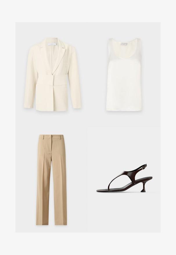 Veste tailleur couleur crème avec une large ceinture en tissu, un col à revers crantés et des manches longues, présentée sur un fond uni.; Débardeur sans manches en satin blanc avec un col rond et une texture lisse, présentant un léger éclat et des bords nets.; Pantalon beige droit avec passants pour ceinture, pli à l'avant et fermeture avant dissimulée, présenté sur un fond uni clair.; Sandale slingback en cuir verni marron foncé avec petit talon et bride entre les orteils sur fond blanc.