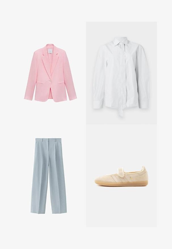 Roze blazer met een geknipt kraag, enkele knoopsluiting en twee voorzakken. Gemaakt van lichtgewicht stof met een gladde textuur.; Wit, lang mouwshirt met een klassieke kraag en een verlengde voorknoop. Gemaakt van een gladde stof, met een ontspannen pasvorm en zonder patronen.; Lichtblauwe geribde, op maat gemaakte broek met riemlussen, zijzakken en een ritssluiting aan de voorkant.; Beige suède Mary Jane sneaker met klittenbandsluiting, rubberen zool, drie gestikte strepen en gouden "SAMBA"-branding aan de zijkant.