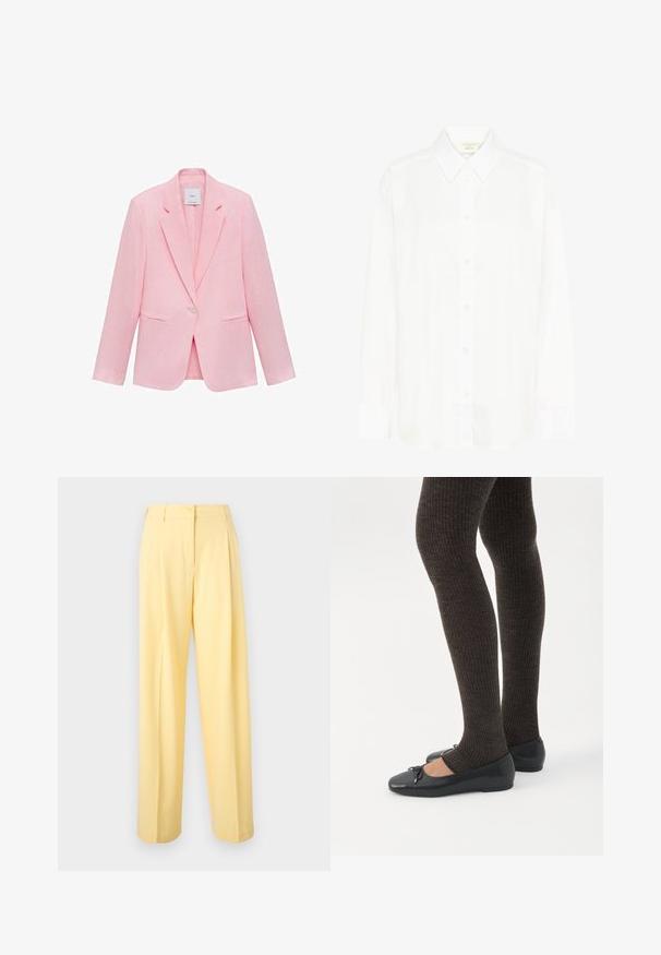 Roze blazer met een geknipt kraag, enkele knoopsluiting en twee voorzakken. Gemaakt van lichtgewicht stof met een gladde textuur.; Witte blouse met lange mouwen, knoopsluiting voor, een klassieke kraag en een reguliere pasvorm. Gemaakt van gladde stof, met acht knopen aan de voorkant.; Lichtgele broek met hoge taille, knoop- en ritssluiting, rechte brede pijpen en een vlak voorpand.; Benen met donkere geribbelde leggings gecombineerd met zwarte ballerina's met kleine strikdetails op een witte achtergrond.