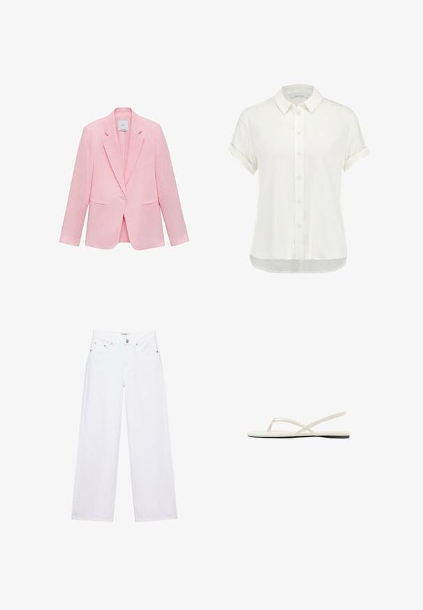 Roze blazer met een geknipt kraag, enkele knoopsluiting en twee voorzakken. Gemaakt van lichtgewicht stof met een gladde textuur.; Witte blouse met korte mouwen, gemaakt van een lichtgewicht stof, met een knoopsluiting aan de voorkant, een kraag en opgerolde manchetten met een lichtgebogen zoom.; Witte jeans met hoge taille en wijde pijpen, voorzien van knoop- en ritssluiting, voor- en achterzakken, en zilverkleurige klinknageldetails.; Witte platte sandaal met dunne gekruiste bandjes en een hielriem, gezien van opzij op een witte achtergrond.