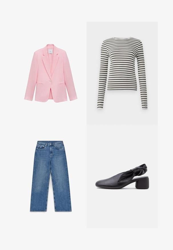 Roze blazer met een geknipt kraag, enkele knoopsluiting en twee voorzakken. Gemaakt van lichtgewicht stof met een gladde textuur.; Langemouwige top in olijfgroen met witte strepen. Ribbelstructuur, ronde halslijn en aangesloten pasvorm. Geen zichtbare hardware of accenten.; Lichtblauwe denim wijde broek met hoge taille, vijf-pocket design en contrasterende stiksels. Kenmerken zijn een knoopsluiting en lussen voor een riem.; Zwarte leren slingback met een afgeronde neus, een geknoopt banddetail en een lage blokhak op een witte achtergrond.