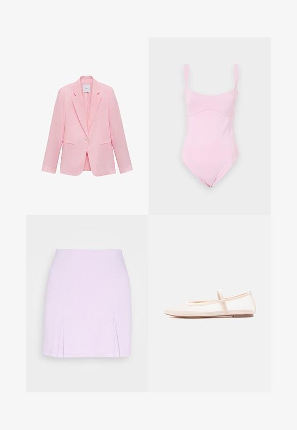 Roze blazer met een geknipt kraag, enkele knoopsluiting en twee voorzakken. Gemaakt van lichtgewicht stof met een gladde textuur.; Good American TANK - Top - flora; Even&Odd by Zalando Minirok - lilac; Ballerina's met een doorschijnend beige mesh bovenwerk en een satijnen bandje, voorzien van een ronde neus en een lage bruine zool. Lichtgewicht en flexibel ontwerp.