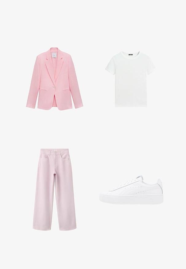 Lyserød blazer med klapkrave, enkelt knaplukning og to frontlommer. Fremstillet af letvægtsstof med en glat tekstur.; Almindelig hvid T-shirt med korte ærmer, rund halsudskæring og lille sort label inden i kraven.; Lyserøde jeans med vide ben, forlommer, bæltestropper og knaplukning i taljen.; Hvide platform sneakers med overdel i læder, rund tå og snørelukning. Har sidelufthuller og diskret branding på hælen.