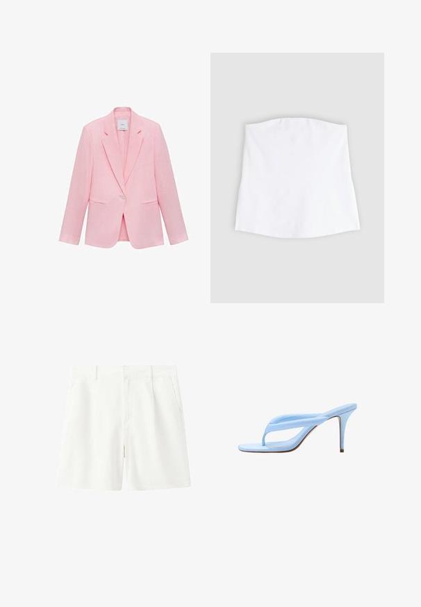 Roze blazer met een geknipt kraag, enkele knoopsluiting en twee voorzakken. Gemaakt van lichtgewicht stof met een gladde textuur.; Witte strapless bandeautop met rechte randen, plat gelegd op een lichtgrijze achtergrond.; Witte casual shorts met riemlussen, voorrits en zijzakken, plat liggend tegen een witte achtergrond.; Lichtblauwe hooggehakte sandaal met dunne zool, gevoerde teenslipperband en stijve stilettohak, zijaanzicht op witte achtergrond.