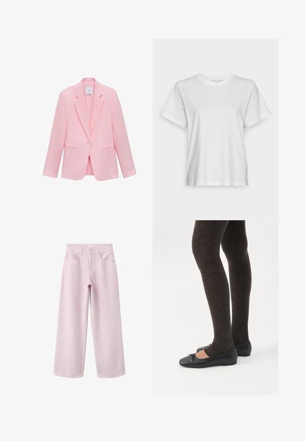 Roze blazer met een geknipt kraag, enkele knoopsluiting en twee voorzakken. Gemaakt van lichtgewicht stof met een gladde textuur.; Witte katoenen t-shirt met korte mouwen, ronde hals en een ontspannen pasvorm. Soepele textuur, zonder patroontjes of graphics, basisontwerp.; Lichtroze jeans met wijde pijpen, voorzakken, riemlussen en een knoopsluiting in de taille.; Benen met donkere geribbelde leggings gecombineerd met zwarte ballerina's met kleine strikdetails op een witte achtergrond.