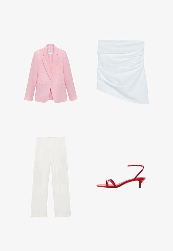 Lyserød blazer med klapkrave, enkelt knaplukning og to frontlommer. Fremstillet af letvægtsstof med en glat tekstur.; Hvidt stof mini nederdel med draperet design, som har en blød tekstur og asymmetrisk form, foldet ved taljen for ekstra stil.; Bredde bukser i hvidt stof har en glat tekstur, rene linjer og en diskret glans, uden synlig hardware eller mønstre.; Rød læder lavhælet sandal med tynde stropper over tæerne og en ankestrop med spænde, vist fra siden på en hvid baggrund.