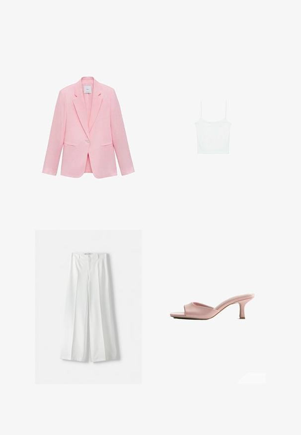 Lyserød blazer med klapkrave, enkelt knaplukning og to frontlommer. Fremstillet af letvægtsstof med en glat tekstur.; Stradivarius Top - white; Hvide brede bukser med høj talje, midterfold og klassisk knaplukning. Fremstillet af glat stof med en skræddersyet design.; Åben-tået pink lædermule med lav, slank midthæl og let polstret fodseng.