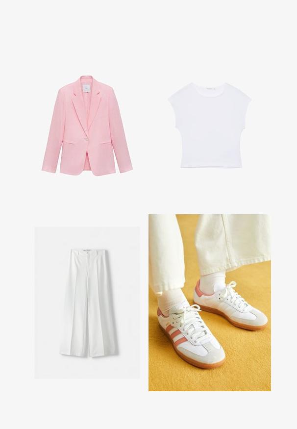 Lyserød blazer med klapkrave, enkelt knaplukning og to frontlommer. Fremstillet af letvægtsstof med en glat tekstur.; Hvid kortærmet cropped T-shirt med rund halsudskæring, lavet af glat stof, lagt fladt på en hvid baggrund.; Hvide brede bukser med høj talje, midterfold og klassisk knaplukning. Fremstillet af glat stof med en skræddersyet design.; Hvide sportsko med lyserøde accenter, lavet af ruskind og læder, rund tå og gummisål, vist med lyse sokker på en gul baggrund.