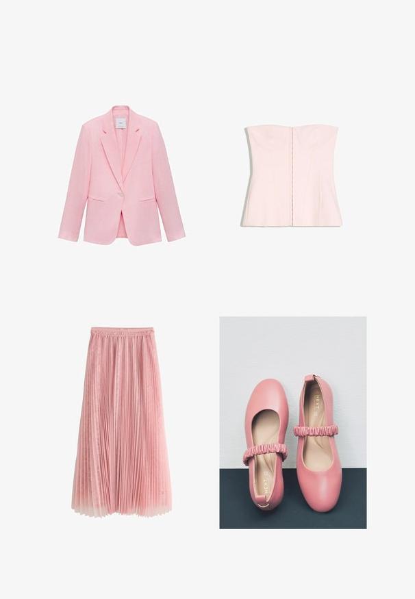 Roze blazer met een geknipt kraag, enkele knoopsluiting en twee voorzakken. Gemaakt van lichtgewicht stof met een gladde textuur.; Lichtroze strapless korsettetop met gestructureerde cups en verticale naden, plat neergelegd op een witte achtergrond.; Roze geplooide midi-rok met een kanten onderlaag en een geplooide tailleband, getoond op een witte achtergrond.; Roze leren balletflats met een ronde neus, voorzien van een gerimpelde strap over de wreef en een gladde voering aan de binnenkant.