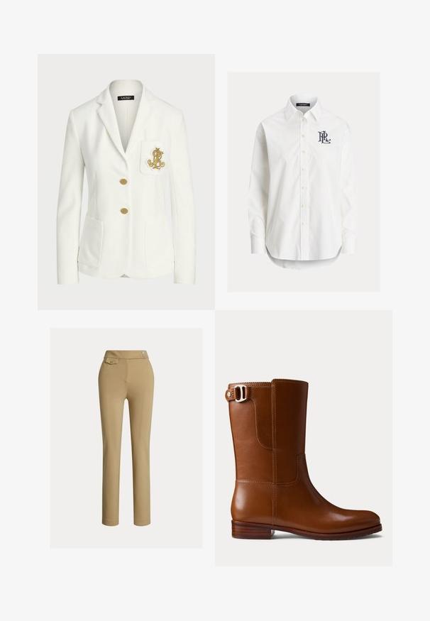 Witte blazer van textuurstof met een getailleerde pasvorm, voorzien van gouden knopen en een decoratief gouden geborduurd logo op de zak.; Wit overhemd met lange mouwen, knopen, een puntige kraag en een zwart geborduurd logo op de linkerborst.; Beige op maat gemaakte broek met een zachte textuur, hoge taille, twee decoratieve knopen en een enkele achterzak. Recht gesneden ontwerp.; Bruine leren enkellaars met een gladde afwerking, afgeronde neus en decoratieve zijgesp. Voorzien van een lage houten hak en minimale stikdetails.