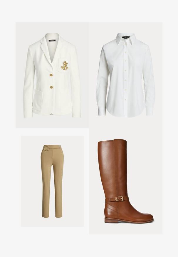 Hvid skræddersyet blazer med gyldne knapper og broderet gyldent logo på brystlommen, med notched revers og to forlommer.; Hvid langærmet skjorte med knapper, klassisk krave og synlige knapper foran, vist på en ensfarvet baggrund.; Beige skræddersyede bukser med en glat tekstur, høj talje, to dekorative knapper og en enkelt baglomme. Lige ben-design.; Brun læder knæhøj støvle med en lille guldbøjle og "RL" logo på remmen nær anklen, flad hæl og glat finish.