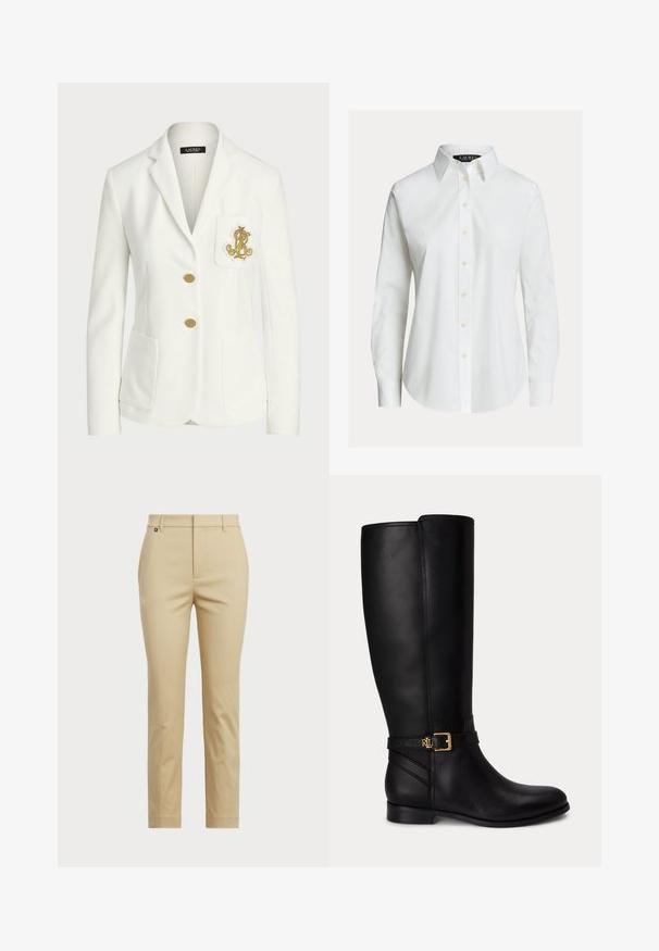 Witte getailleerde blazer met gouden knopen en geborduurd gouden logo op de borstzak, met een notched reverskraag en twee voorzakken.; Witte overhemd met lange mouwen, knopen aan de voorkant, puntige kraag en licht gebogen zoom.; Beige broek met een straight-leg ontwerp. Gemaakt van gladde stof, met een standaard tailleband en subtiele zijnaad.; Zwarte kniehoge leren laars met lage hak, gouden gesp en klein reliëflogo op de zijriem.