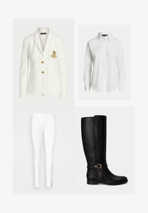 Witte getailleerde blazer met gouden knopen en geborduurd gouden logo op de borstzak, met een notched reverskraag en twee voorzakken.; Witte overhemd met lange mouwen, knopen aan de voorkant, puntige kraag en licht gebogen zoom.; Witte leggings van rekbaar materiaal. Fitted ontwerp met een gladde textuur, zich taperend naar de enkels zonder zichtbare sluitingen of versieringen.; Zwarte kniehoge leren laars met lage hak, gouden gesp en klein reliëflogo op de zijriem.