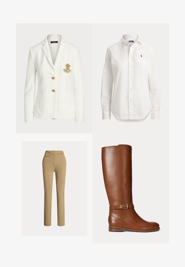 Witte getailleerde blazer met gouden knopen en geborduurd gouden logo op de borstzak, met een notched reverskraag en twee voorzakken.; Witte blouse met lange mouwen, knopen, kraag en klein blauw logo van een polospeler op de linkerborst.; Beige op maat gemaakte broek met een zachte textuur, hoge taille, twee decoratieve knopen en een enkele achterzak. Recht gesneden ontwerp.; Bruine leren kniehoge laars met een kleine gouden gesp en het "RL" logo op de band bij de enkel, platte hak en een gladde afwerking.
