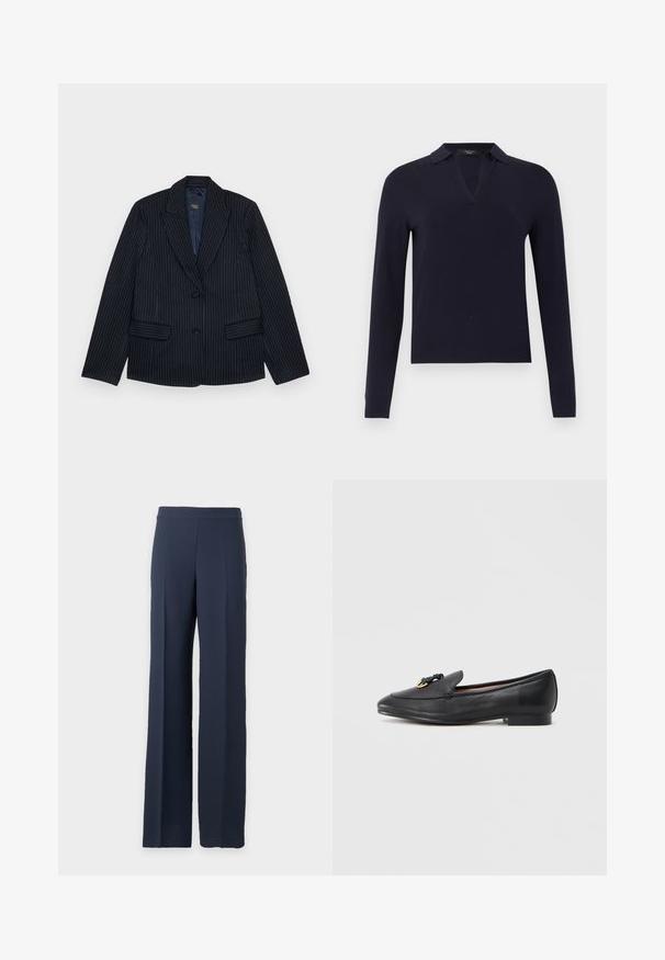 Marineblå stribet blazer med jagtlapeller, to forlommer og en enkelt knaplukning. Glat stof med en skræddersyet pasform.; Marineblå langærmet sweater med en delt V-udskæring og tætsiddende manchetter, vist på en ensfarvet lys grå baggrund.; Marineblå vidbenede bukser med høj talje og ren front, vist på en enkel lys grå baggrund.; Sort læderloafer med rundet tå, dekorativ knude og gulddetalje på overdelen samt lav, firkantet hæl. Glat tekstur.