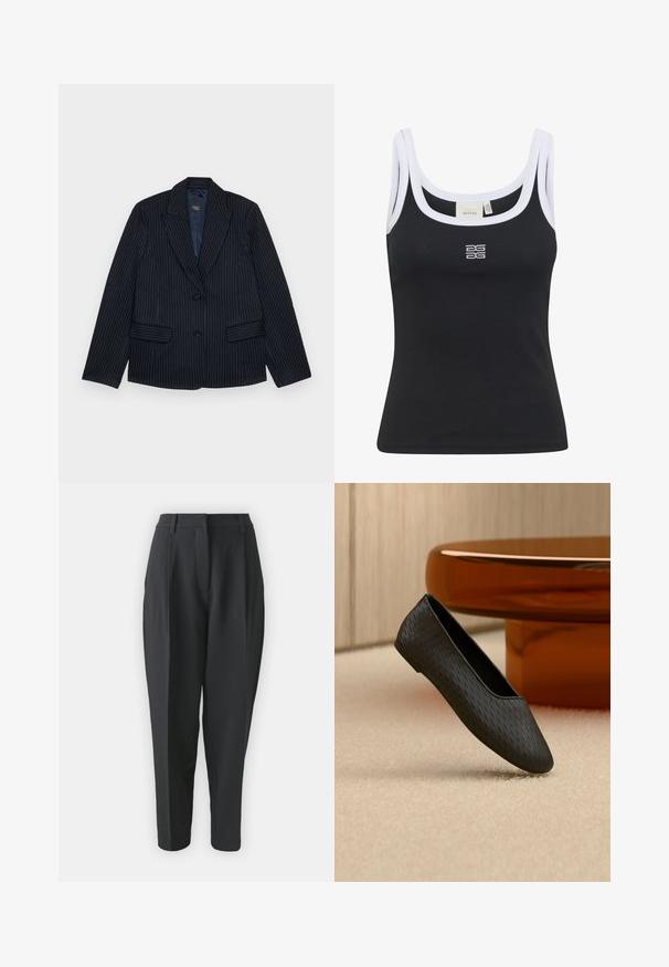 Marineblå stribet blazer med jagtlapeller, to forlommer og en enkelt knaplukning. Glat stof med en skræddersyet pasform.; Sort ribbet tanktop med hvid kontrastip og et centralt logo. Har en tætsiddende pasform og rund halsudskæring, velegnet til lagdeling.; Sorte skræddersyede bukser med høj talje, plisseringer og indsnævret ben. Glat stof uden synlige mønstre eller udsmykninger.; Sort tekstureret slip-on flad sko svævende over beige tæppe nær rund bordplade i ravfarve.