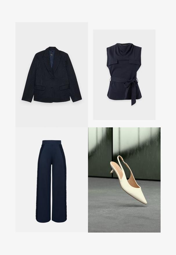 Marineblå stribet blazer med jagtlapeller, to forlommer og en enkelt knaplukning. Glat stof med en skræddersyet pasform.; Navyblå top uden ærmer med draperet halsudskæring, to forlommer med klapper og bælte der bindes i taljen.; Marineblå bukser med vide ben, høj talje og blonder langs ydersiden af begge ben.; Beige slingbacks til kvinder med spids tå og lav kitten-hæl, der svæver over en grå gulv med en sløret mørk baggrund.
