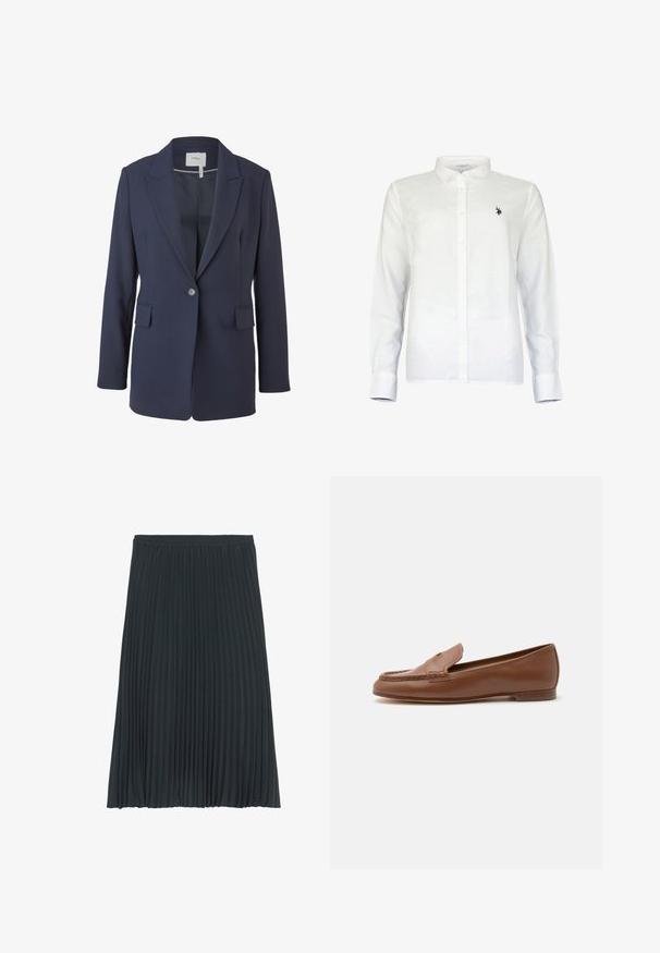 Blazer marine en tissu lisse, doté d'un revers en pointe, d'une fermeture à un bouton et de deux poches frontales. Coupe ajustée avec des manches longues.; Chemise blanche à manches longues avec boutons, col et petit logo brodé en noir représentant un joueur de polo sur la poitrine gauche.; Jupe midi plissée en gris foncé avec une taille élastique. Présente des plis verticaux sur toute la surface pour apporter texture et fluidité. Fini en tissu lisse.; Mocassin classique en cuir marron avec petit talon et détail de bout moc cousu, présenté de profil sur fond blanc.