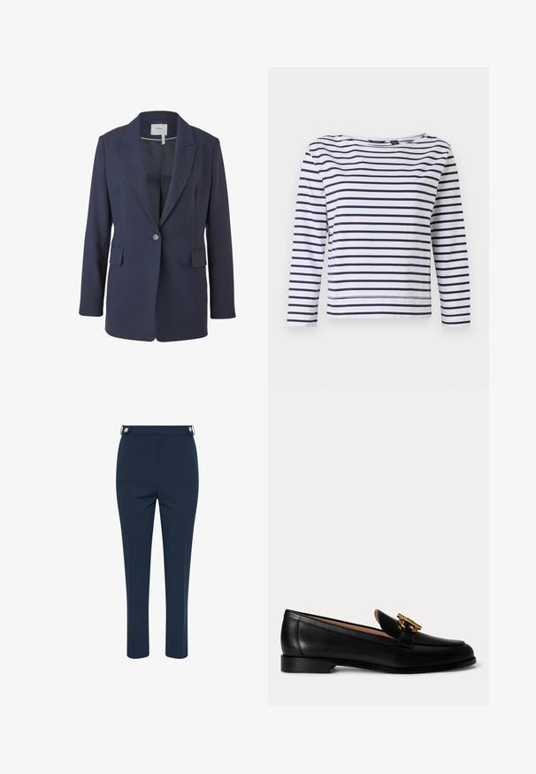 Blazer marine en tissu lisse, doté d'un revers en pointe, d'une fermeture à un bouton et de deux poches frontales. Coupe ajustée avec des manches longues.; Haut à manches longues rayé en blanc et bleu marine, avec un col bateau et une coupe décontractée. Fabriqué en coton doux avec des ourlets cousus.; Pantalon bleu marine sur mesure avec taille haute et détail de patte à boutons à la ceinture, coupe droite.; Mocassin noir en cuir avec un petit talon et un détail de boucle en métal doré sur le dessus, vu de côté sur fond blanc.