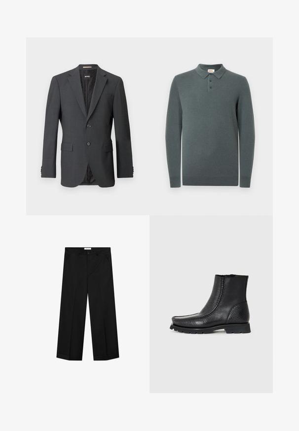 Mørkegrå blazer med to knapper, slagkraver, klaffelommer og indvendig foring med et subtilt mønster. Brandmærket er synligt indeni.; Mørkegrå langærmet polo sweater med tre knapper samt ribbede manchetter og nederkant, vist på en hvid baggrund.; Sorte bukser med vide ben lavet af et glat materiale, med forlommer, knaplåsning og en presset rille ned langs hvert ben.; Sorte læder ankelstøvler med en struktureret overflade, rund tå, sidesøm detaljer og robust gummisål.