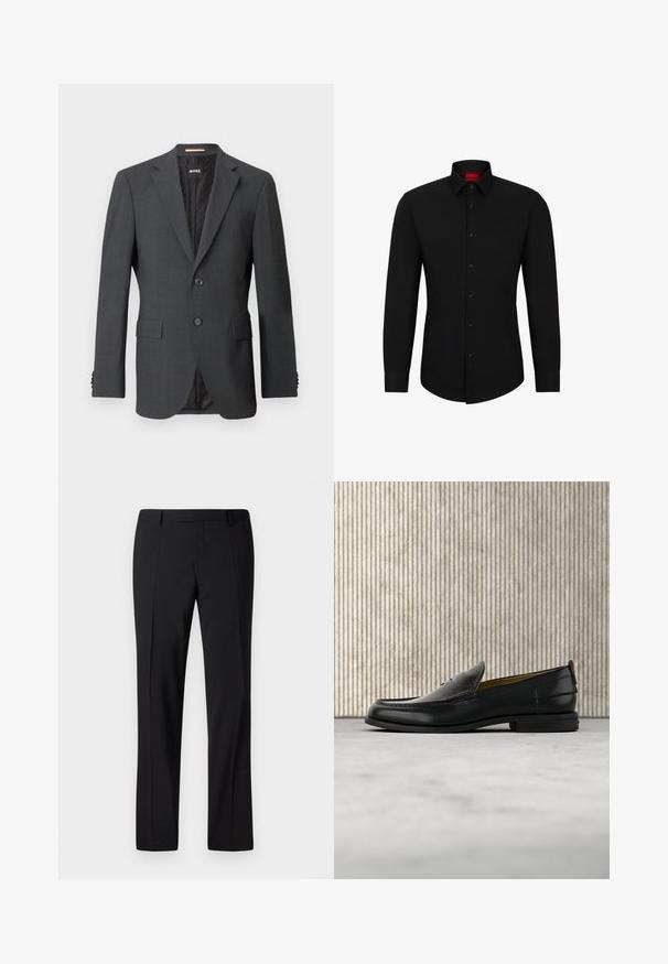 Donkergrijze blazer met twee knopen, notch rever, klepzakken en een interne voering met een subtiel patroon. Merkenlabel zichtbaar aan de binnenkant.; Zwarte blouse met lange mouwen, knoopsluiting aan de voorkant, klassieke kraag en ronde onderkant; voorzien van zwarte knopen en een rood logo binnenin de kraag.; Zwarte op maat gemaakte broek met een rechte pijp ontwerp, voorzien van een gladde textuur, geplooide voorkant en een klassieke tailleband voor een formele uitstraling.; Zwarte leren herenslipper met een krokodillen-embossed voorblad en een lage hak, zij-aanzicht op een neutrale achtergrond.