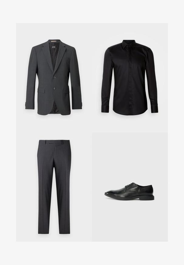 Blazer gris oscuro con dos botones, solapas en pico, bolsillos con solapa y forro interno con un patrón sutil. Etiqueta de la marca visible en el interior.; Camisa negra de manga larga con botones, confeccionada en tela suave. Cuenta con cuello clásico, abotonadura frontal y puños de contraste.; Pantalones oscuros grises a medida en una tela suave y texturizada; cuentan con un frente plano y piernas rectas; diseño minimalista sin acentos visibles.; Zapato de vestir negro de cuero con una textura suave, punta afilada, diseño de cordones con seis ojales y un tacón rectangular bajo. Detalle de marca sutil en el lateral.