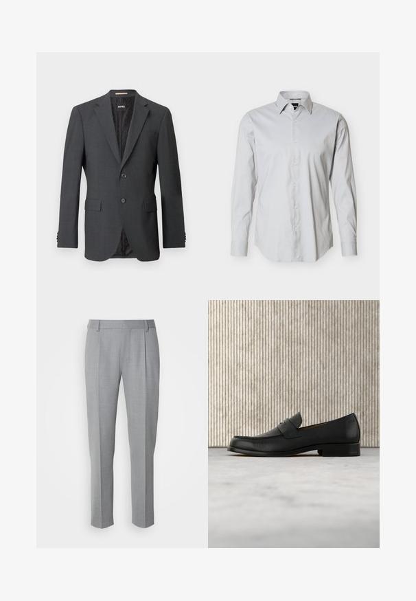 Blazer gris oscuro con dos botones, solapas en pico, bolsillos con solapa y forro interno con un patrón sutil. Etiqueta de la marca visible en el interior.; Camisa de vestir de hombre de manga larga en gris claro con cierre de botones en la parte frontal, cuello puntiagudo y puños con un botón sobre fondo blanco liso.; Pantalones grises a medida con una textura suave, que cuentan con un frente plano, piernas rectas y pliegues sutiles para un detalle adicional.; Zapato mocasín de cuero negro flotando sobre una alfombra beige con una mesa redonda marrón brillante al fondo.