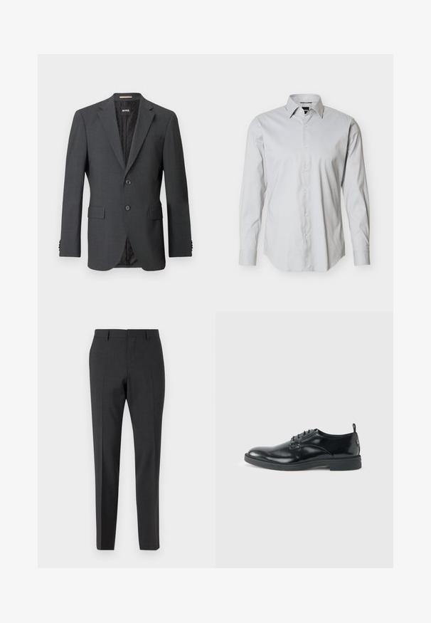 Donkergrijze blazer met twee knopen, notch rever, klepzakken en een interne voering met een subtiel patroon. Merkenlabel zichtbaar aan de binnenkant.; Lichtgrijs heren overhemd met lange mouwen, knoopsluiting aan de voorkant, spitse kraag en manchetten met een enkele knoop, op een effen witte achtergrond.; Donkergrijze op maat gemaakte broeken met een gladde textuur, slim fit, platte voorkant en riemlussen, ontworpen voor formele of zakelijke kleding.; Glanzende zwarte lederen nette schoen met lage hak, vetersluiting en ronde neus, van opzij getoond tegen een effen lichte achtergrond.