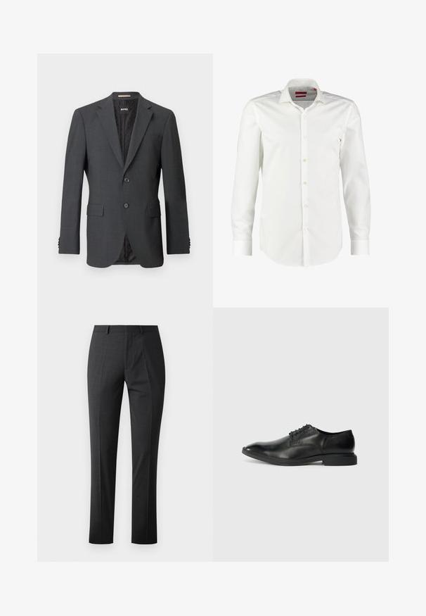 Donkergrijze blazer met twee knopen, notch rever, klepzakken en een interne voering met een subtiel patroon. Merkenlabel zichtbaar aan de binnenkant.; Witte langarm overhemden gemaakt van een gladde katoenen stof. Heeft een klassieke kraag, een schone voorflap en knoopsluitingen bij de mouwen.; Maatwerk donkergrijze broeken met een gladde textuur, slim fit, platte voorkant en standaard tailleband. Voorzien van persplooien en geen zichtbare patronen.; Zwarte leren dress shoe met een gladde textuur, spitse neus, zes veterogen vetersluiting en een lage rechthoekige hak. Subtiele merkopdruk aan de zijkant.