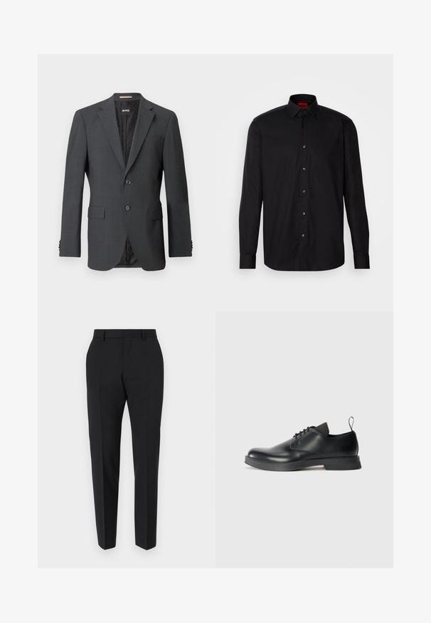 Donkergrijze blazer met twee knopen, notch rever, klepzakken en een interne voering met een subtiel patroon. Merkenlabel zichtbaar aan de binnenkant.; Zwarte longsleeve shirt van gladde stof, met een klassieke kraag, knoopsluiting aan de voorkant en een getailleerde pasvorm.; Zwarte broek met een maatwerkontwerp, met een vlakke voorkant, plooidetails en een slanke pasvorm. Gemaakt van een gladde stof voor een verfijnde uitstraling.; Zwarte leren veterschoen met een gladde afwerking, een ronde neus en een minimalistisch design. Voorzien van een subtiele contrasterende treklip en een rubberen zool.