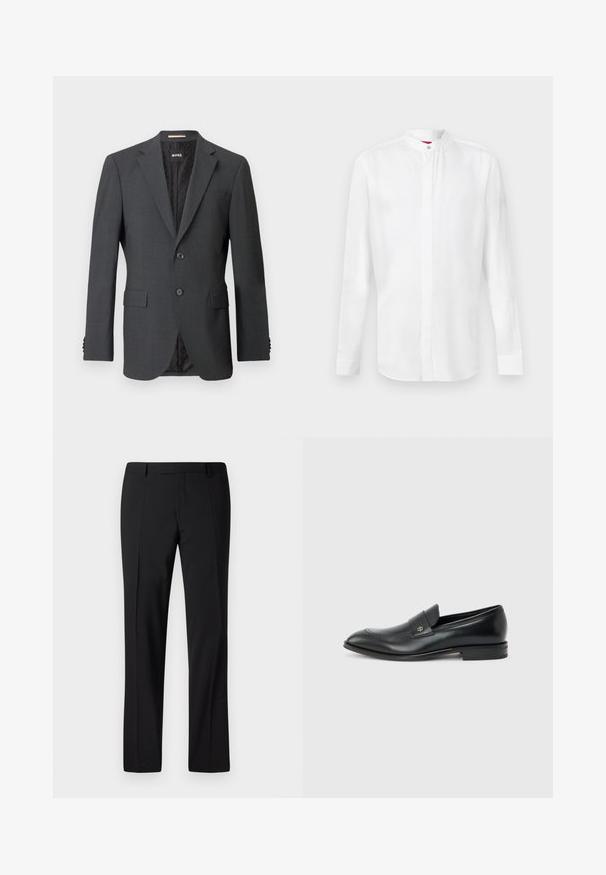 Blazer gris oscuro con dos botones, solapas en pico, bolsillos con solapa y forro interno con un patrón sutil. Etiqueta de la marca visible en el interior.; Camisa blanca de manga larga con cuello mao y tapeta con botones ocultos, mostrada sobre un fondo claro y liso.; Pantalones negros ajustados con un diseño de pierna recta, que presentan una textura suave, pliegues frontales y una cinturilla clásica para un aspecto formal.; Mocasín de cuero negro para hombre con tacón bajo, punta redondeada y pequeño logo metálico en la correa, mostrado de perfil sobre un fondo liso.