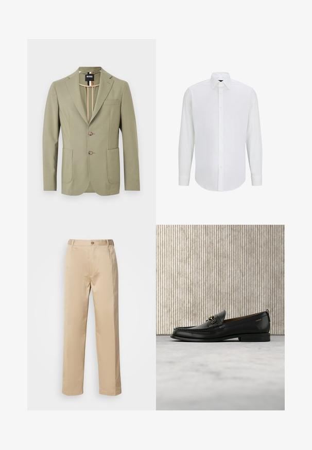 Blazer vert olive clair pour homme avec revers crantés, deux boutons sur le devant, poches plaquées, poche poitrine, et détail de col intérieur rayé.; Chemise blanche à manches longues en tissu lisse, avec un col standard, une fermeture à boutons à l'avant et un ourlet arrondi. Pas de motifs ni d'accents visibles.; Pantalons beiges en tissu léger, avec une coupe droite, une taille avec passants de ceinture et une fermeture à bouton sur le devant.; Mocassin en cuir noir avec mors en métal doré et logo "HUGO", présenté sur un tapis beige et un meuble translucide marron.