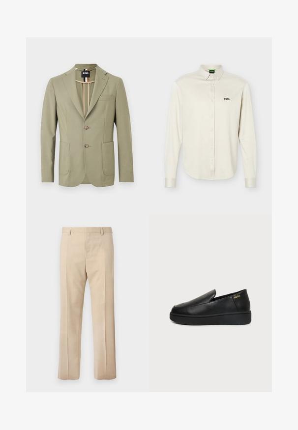 Blazer vert olive clair pour homme avec revers crantés, deux boutons sur le devant, poches plaquées, poche poitrine, et détail de col intérieur rayé.; Chemise blanche à manches longues avec col, logo noir "BOSS" sur le côté gauche de la poitrine, et poignets à boutons, présentée sur un fond uni.; Pantalon beige sur mesure avec passants pour ceinture, pli devant et fermeture éclair dissimulée, présenté sur un fond uni.; Chaussure noire en cuir à enfiler avec semelle épaisse et petits trous de ventilation latéraux, avec un logo doré "HUGO" près du talon.