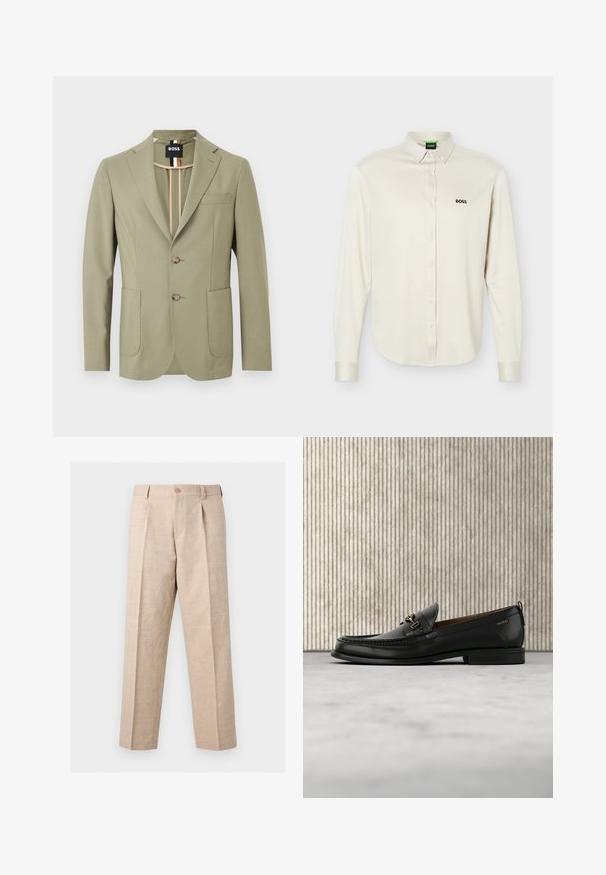 Blazer vert olive clair pour homme avec revers crantés, deux boutons sur le devant, poches plaquées, poche poitrine, et détail de col intérieur rayé.; Chemise blanche à manches longues avec col, logo noir "BOSS" sur le côté gauche de la poitrine, et poignets à boutons, présentée sur un fond uni.; Pantalon beige à jambes droites avec plis, fermeture par bouton, passants pour ceinture et coupe ajustée.; Mocassin en cuir noir avec mors en métal doré et logo "HUGO", présenté sur un tapis beige et un meuble translucide marron.
