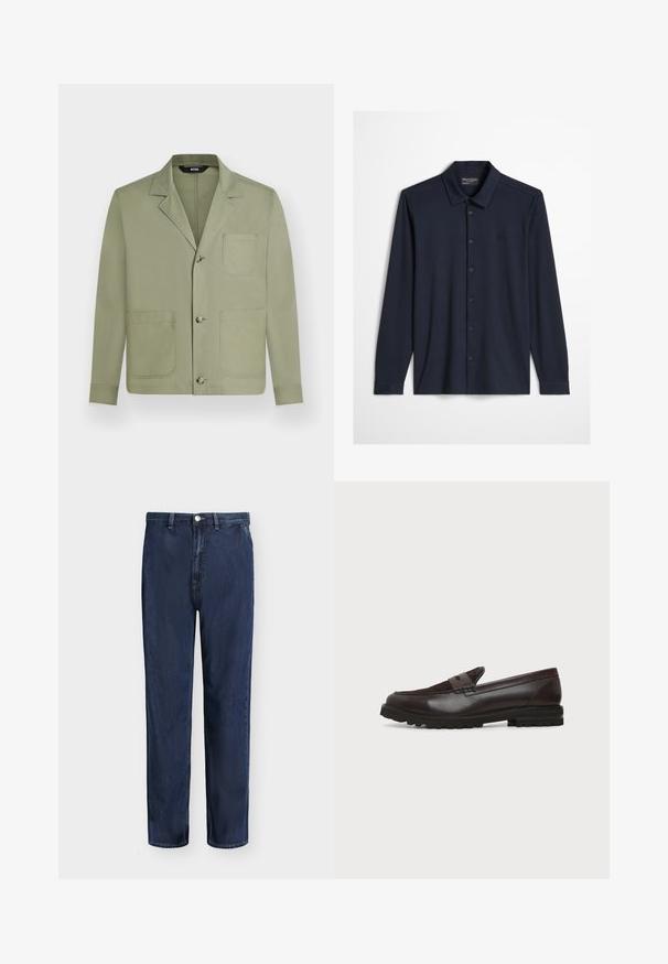 Veste décontractée homme vert olive clair avec trois boutons sur le devant et trois grandes poches plaquées, dont une poche poitrine.; Chemise bleu marine foncé à manches longues avec col et logo brodé discret sur la poitrine gauche sur un fond clair.; Jean droit en denim bleu foncé avec passants de ceinture, bouton devant et fermeture éclair, présenté sur un fond uni clair.; Mocassin penny en cuir et daim marron foncé avec semelle épaisse en caoutchouc noir, profil latéral sur fond blanc.