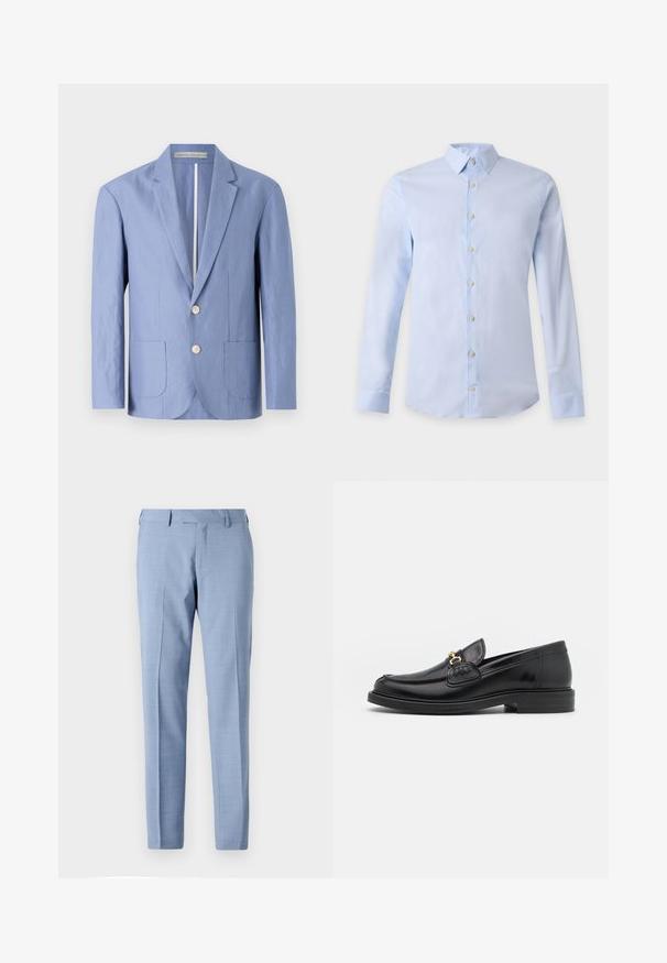 Blazer bleu clair en tissu léger, avec un design à une seule boutonnière, deux poches avant et des boutons ronds en bois.; Chemise habillée homme bleu clair à manches longues avec col classique et boutons blancs sur le devant sur un fond uni.; Pantalon habillé bleu clair ajusté avec devant plat, poches latérales, passants pour ceinture et coupe droite sur un fond uni.; Mocassins en cuir noir avec un embout rond, présentant des accents en métal doré et des détails de couture, montés sur une semelle en caoutchouc texturé et basse.