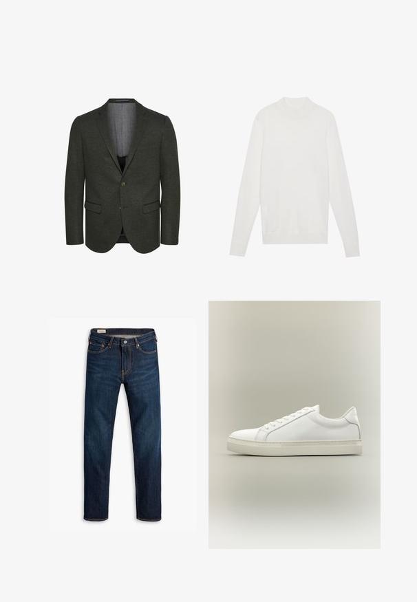 Dunkelgrüner Blazer aus strukturiertem Stoff, mit Reverskragen, zwei frontalen Taschen und einer Zweiknopfverschluss. Futter innen sichtbar.; Weißer Pullover mit einem hohen Kragen, langen Ärmeln und gerippten Bündchen sowie Saum. Aus einem weichen Strickstoff gefertigt. Einfaches und tailliertes Design.; Dunkelblaue Jeans mit geradem Bein, mit kontrastierenden orangen Nähten, fünf Taschen und einem Frontknopfverschluss.; Weißer Sneaker mit niedrigem Schaft, vorn mit Schnürung und dicker Sohle, aus der Seitenansicht vor neutralem Hintergrund.