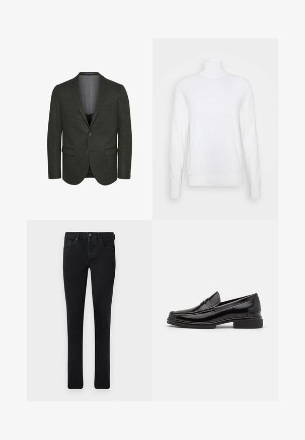 Mørkegrøn blazer lavet af tekstureret stof, der har en spids revers, to frontlommer og en to-knap lukning. Foret indre er synligt.; Hvid turtleneck sweater med lange ærmer, lavet af glat stof. Har et tætsiddende design og ribbede manchetter og kant. Ingen mønstre eller accenter.; Mørk denim jeans med slim fit, fem lomme-design og metalknaplukning. Glat tekstur og jævn farve gennem hele stoffet.; Sorte læder loafers med en rund tå, der har en syet detalje over vristen og en lav blokhæl. Glat tekstur og blank finish.