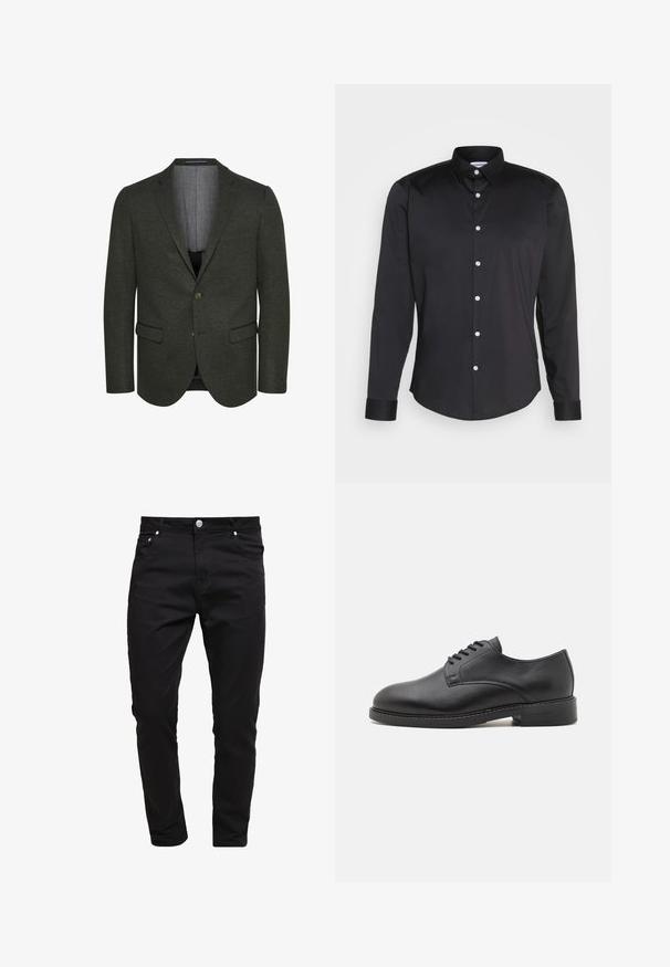 Mørkegrøn blazer lavet af tekstureret stof, der har en spids revers, to frontlommer og en to-knap lukning. Foret indre er synligt.; Sort langærmet skjorte lavet af glat stof, med spidse krave, frontlukning med hvide knapper og enkeltknapmanchetter.; Sorte jeans lavet af denimstof, slim fit design, fem-lomme stil, metal knaplukning, med syninger og en glat tekstur.; Sort læder oxford sko med en rund tå, der har en glat overflade, fem huller til snørebånd og en lav stablet hæl.