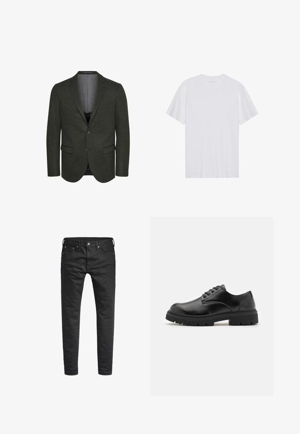 Blazer verde oscuro de tejido texturizado, con solapa muesca, dos bolsillos frontales y cierre de dos botones. Interior forrado visible.; Camiseta de algodón blanca con mangas cortas, cuello redondo y una textura suave. Presenta una marca mínima en el escote.; Jeans negros ajustados con bolsillos frontales, cinturas y cierre de botón, exhibidos sobre un fondo blanco.; Zapatos de cuero negro con punta redondeada, diseño con cordones y una suela de goma gruesa y texturizada. Presentan costuras a lo largo del borde y un acabado suave.